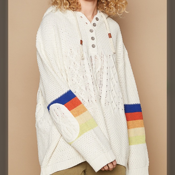 POL Tops - 15. POL OVERSIZED Boho Planket Hoodie Balloon sleeve knit Cream